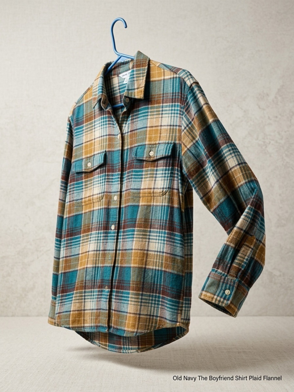 Old Navy The Boyfriend Shirt Plaid Flannel Teal Brown Cream Size Medium - Picture 3 of 3